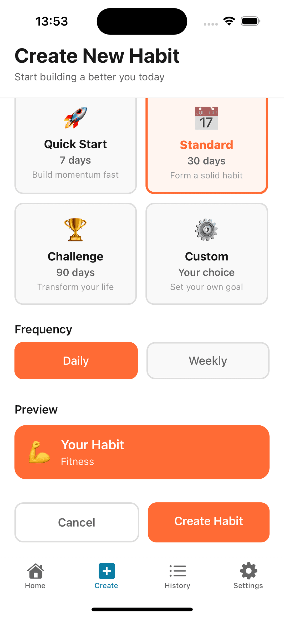 StreakStacker create habit flow on iOS